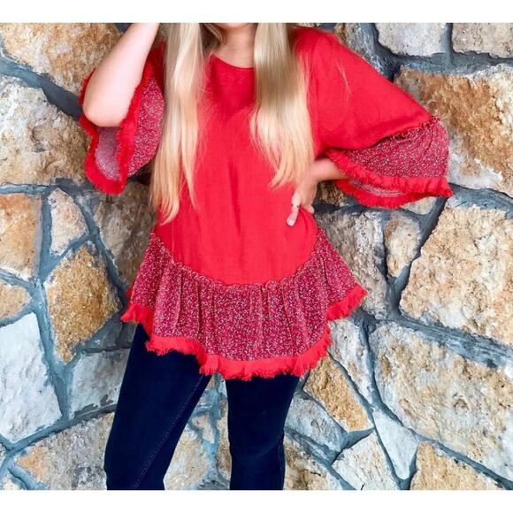 Umgee Size Medium Linen Blend Frayed Edge Ruffle Detail Top Orange - Picture 1 of 6